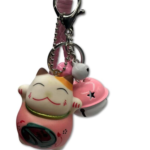 Lucky Cat Keychain with Bells, Pink Japanese Maneki-neko Charm - Picture 4 of 4